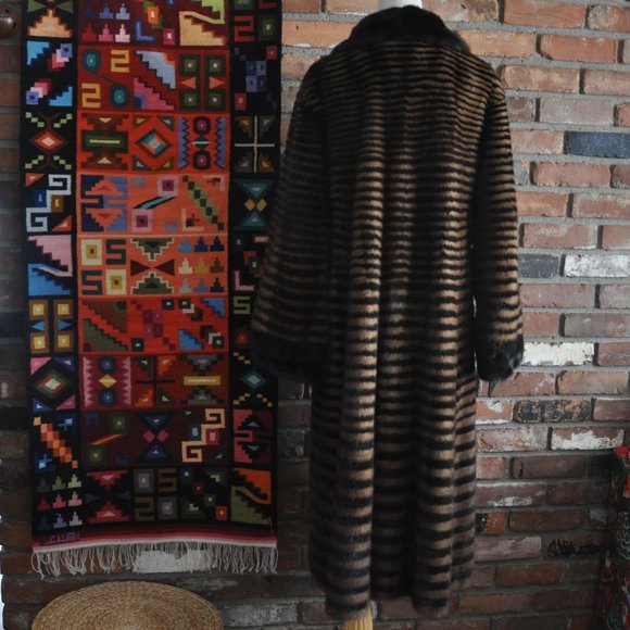 Brown Blonde Horizontal Stripe Mink Fur Full Length Long Coat Jacket, Sable Trim - Picture 10 of 13